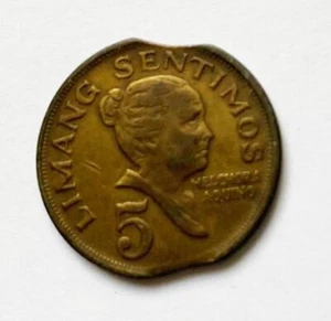 1968 Philippine 5 Sentimos ERROR Double Clipped Tandang Sora Banko Sentral Coin - Picture 1 of 3