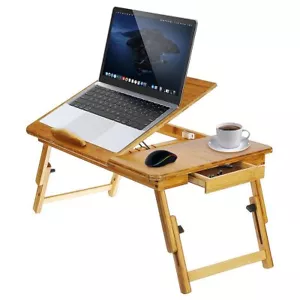 Bamboo Laptop Desk Adjustable Breakfast Serving Bed Tray with Tilting Top Drawer - Picture 1 of 8