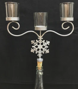 Wine Bottle Snowflake Stopper Three Votive Tea Light Candles Silvertone Glitter - Picture 1 of 15