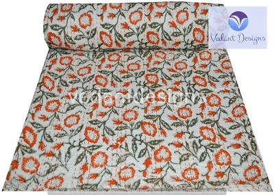 Manta reversible Art Kantha doble/individual hecha a mano con estampado de bloques Foto 1 de 4