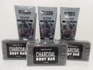3 Freeman's Men Charcoal Body Bar & 3 Volcanic Ash Easy Peel Face Mask - Picture 1 of 5