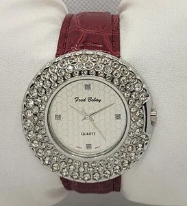 Ladies Fred Belay Round Silver Tone Textured Dial Paved Bezel Analog Watch I8 - Picture 1 of 9