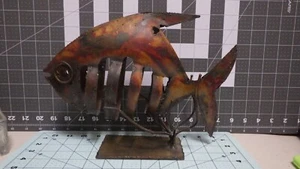 vintage torch cut metal fish stand 8.25X11.75X3.5 atomic era bone sea life death - Picture 1 of 4