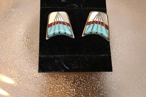 Artisian Navajo Inlay Türkis MOP Koralle Sterlingsilber Ohrringe 1"L - Bild 1 von 10
