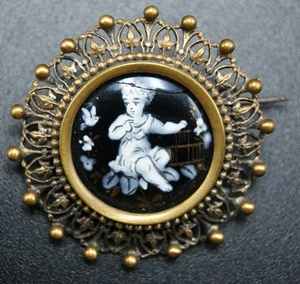 Antique French Limoges Enamel Bronze Brooch Pin – Hand Painted Cherub Scene - Picture 1 of 19