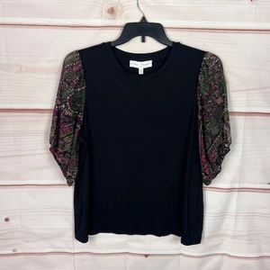 Chelsea & Theodore Top Womens 1X Black Chiffon Sleeve Blouse Round Neck Knit - Picture 1 of 8