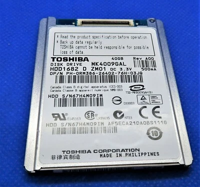 TOSHIBA MK4009GAL DELL: 0RW386 40GB HDD1682 1.8" 4200 RPM ATA/IDE HARD DRIVE - Image 1 of 4