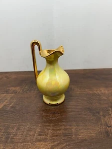 Art Deco Pitcher/Vase Yellow Pearl Opalescent Gold Handle Base & Rim - Picture 1 of 8