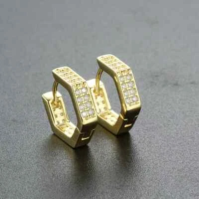1CT Round Cut Lab Grown Diamond Men's Iced Hexagon Hip Hop Hoop Earring 10K Gold - Image 1 of 4