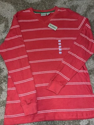 decoded mens long sleeve v neck t shirt orange with white stripes - Image 1 of 3