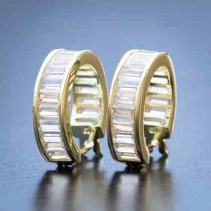 1C Baguette Lab Created Diamond Men's Cluster Hoop Earrings Yellow Gold Plated - Picture 1 of 4