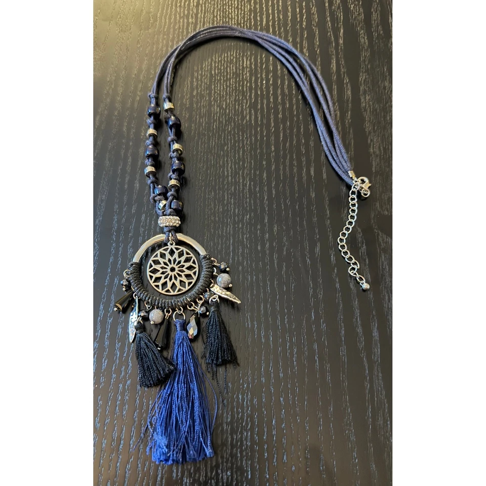 Collar Borla Atrapasueños Azul Negro Tono Plata Boho Bohemio Foto 1 de 4