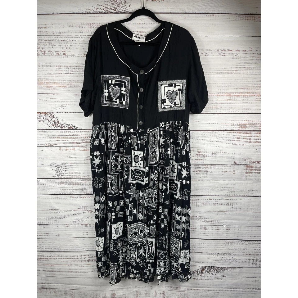 Vestido We Be Bop Para Mujer 1X Negro Blanco Boho Bolsillos de Retazos Botón Rayón Artístico Foto 1 de 4