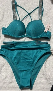 Victorias Secret 32AA XS Bombshell Push Up Bikini Set Shine Strap Capri Sea Blue - Picture 1 of 10
