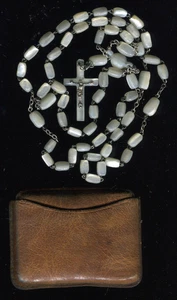 Antiguo Rosario Victoriano Francés Madreperla Hecho a Mano con Bolsillo de Cuero - Imagen 1 de 6