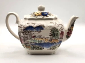 Windsor England Teapot Vintage Country Pastoral Scene Farm Trees Pond 1940-1960 - Picture 1 of 9