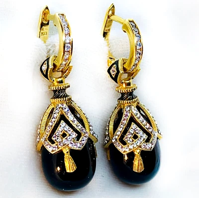 925 Sterling Black Onyx Faberge Egg Earrings Swarovski Crystals Enamel Hoop w/cz - Image 1 of 4