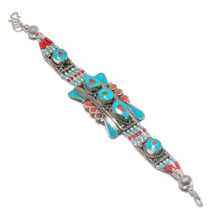 Red Coral Turquoise Gemstone Bracelet Tibetan Silver Nepali Jewelry 7" NBB 3201 - Picture 1 of 6