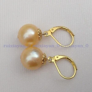 huge 10-11mm Round AAA+ South Sea Golden Pearl Dangle Earrings 14k Gold P Hook - Picture 1 of 5