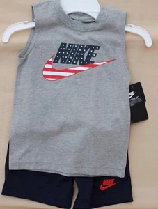 Nike NWT Boy Size 4 Sleeveless Tee Shirt Top Shorts Set Swoosh  Gray& Blue - Picture 1 of 2