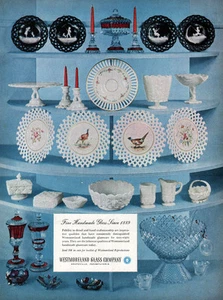 Westmoreland Milk Glass MARY GREGORY PLATES Open Lace Bird PUNCH BOWL 1957 Ad - Picture 1 of 1