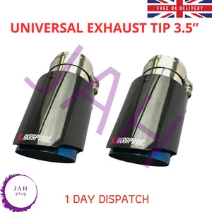2X AKRAPOVIC EXHAUST TIPS 3.5" OUTLET BLUE & BLACK CARBON FIBRE UNIVERSAL - Picture 1 of 15