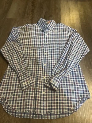 TailorByrd Men's Blue White Orange Button Down Plaid Check Shirt Size Large EUC - Image 1 of 4