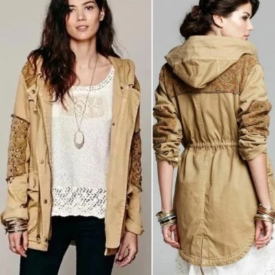 Free People Crafted Cloth Tapestry Parka Anorak Jacket Studded Boho Hippie M Tan - Image 1 of 4