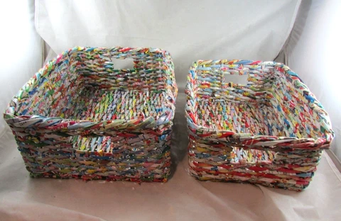 Candy Wrapper Woven Nesting Baskets (2) Storage Recycled Paper Handmade Cover