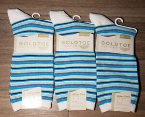 3 Pairs of GOLD TOE Premier Women's AquaFX Jersey Crew Socks Blue Striped Sz 6-9
