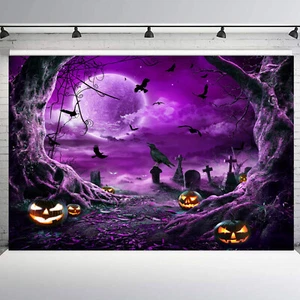 10x8ft Purple Full Moon Cemetery Bat Halloween Photo Background Studio Props - Picture 1 of 10