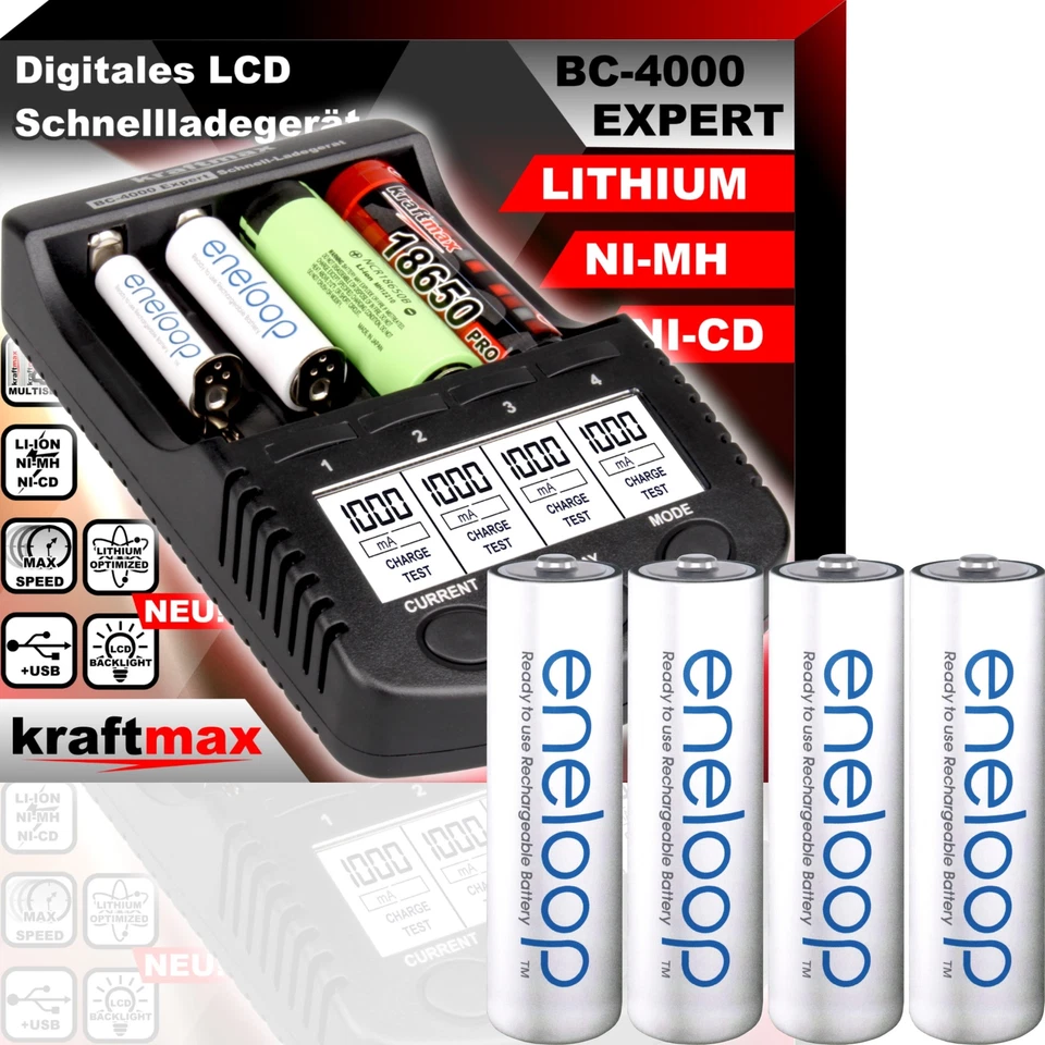 kraftmax BC-4000 EXPERT Ladegerät inkl. 4x eneloop AA Mignon Akkus - Bild 1 von 1