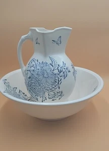 Antique Early 1900s Blue & White Transfer-Ware Stoneware Wash Basin Set Signed N - Picture 1 of 24