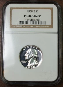 1958 Proof Silver Washington Quarter, NGC PF-68 CAMEO - Picture 1 of 2
