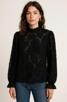 Blusa SHEIN Negra Transparente Floral Texturizada L Manga Larga Elegante Fiesta Top Foto 1 de 4