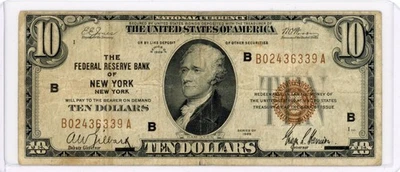 1929 $10 FEDERAL RESERVE BANK OF NEW YORK, NY BROWN SEAL VF - Image 1 of 2