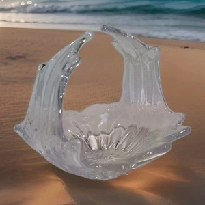 Art Glass Bowl Splash Handles Clear Decorative Centerpiece Coastal Ocean - Picture 1 of 16