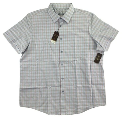 Tasso Elba Mens Stretch Dobby Plaid Short Sleeve Button Down Shirt Blue Red 2XL - Image 1 of 4