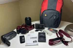LOT - Red Nikon D5500 24.2MP Digital SLR Camera Kit Backpack DX VR Lens & More - Picture 1 of 24