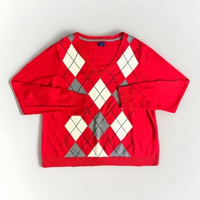 Suéter Pullover IZOD Hombre XXL Rojo Gris Argyle Clásico Tejido Cuello en V Ligero Foto 1 de 4