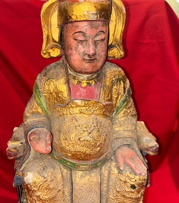 Antique Imperial Chinese Carved Gilded Wood Buddha Figure 19th Century 16 Inches - Image 1 of 4