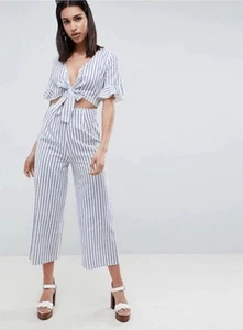 ASOS Women’s Linen Jumpsuit Cut Out Striped Nautical Preppy Coastal Chic Size 6 - Picture 1 of 11
