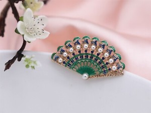 Brosche Lüfter Emaille Grün Mini Perle Ethnisch Retro Golden Xz 4