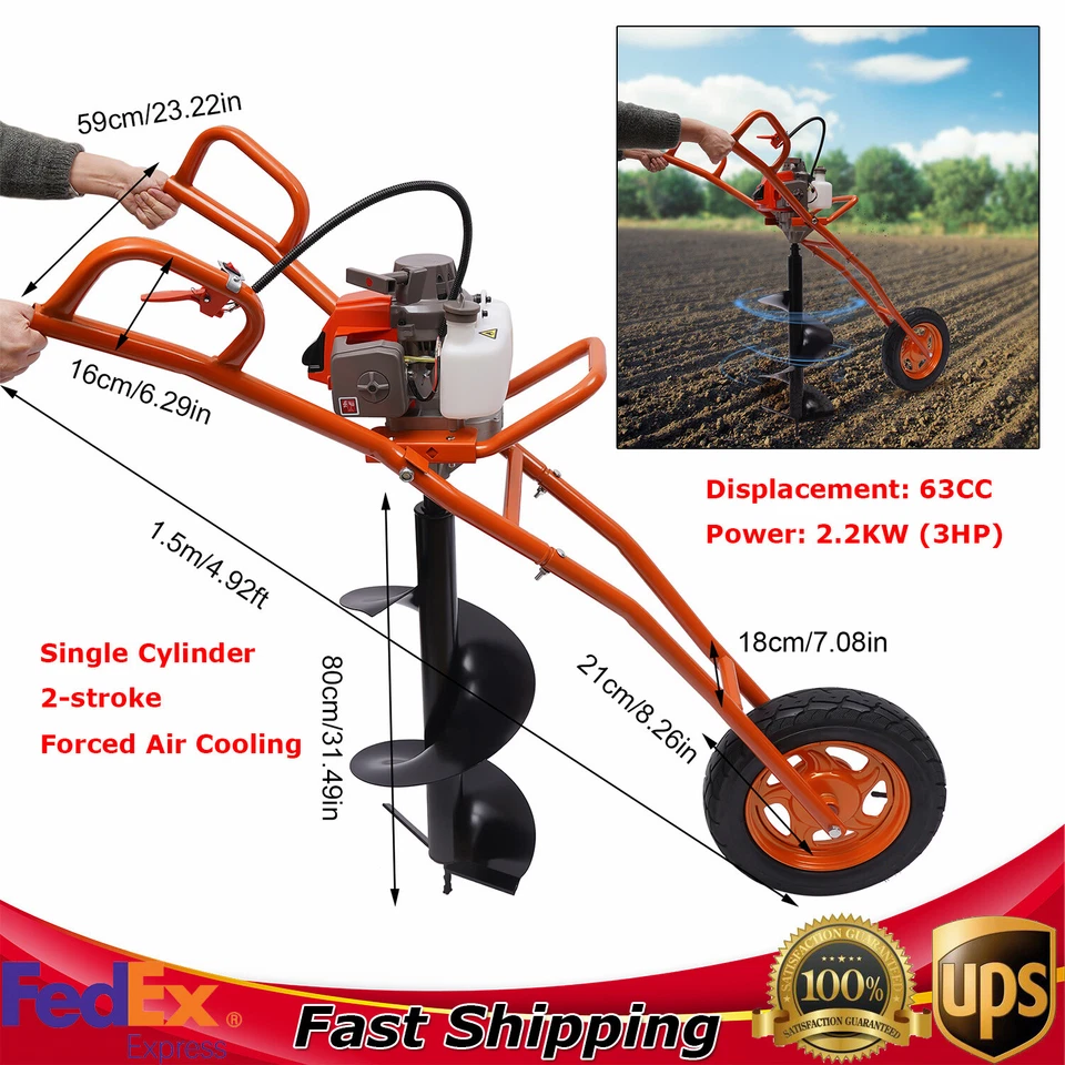 11" Bit Post Hole Digger Gas Powered 63cc 3hp Hand Push Earth Auger Ground Drill - Image 1 of 4