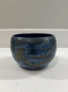 Vintage Stoneware Art Pottery Bowl Tan Brown Blue Abstract Glazed Signed - Picture 1 of 5