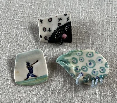 Set Of 3 Handmade Ceramic Art Pottery Pins Brooches Signed BB, Baseball Beads - Image 1 of 4