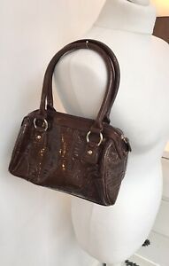 Liz Claiborne Bag Mini Small Faux Patent Leather Brown Zip Up Barrel Shape