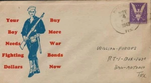 1944 WWII Patriotic Cover Pipe Creek Texas, Buy More War Bonds - Picture 1 of 1