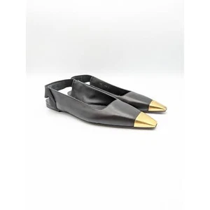 Salvatore Ferragamo Black Leather Gold Toe Cap Alhena Slingback Flats Size 37.5 - Picture 1 of 7