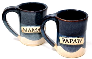 Handcrafted Mamaw and Papaw Mug Set Stegall's Stoneware Pottery Blue Grandparent - Picture 1 of 5